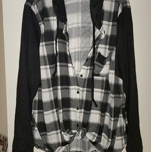 Thin flannel top with hood. Ties in front